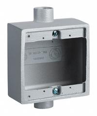 HUBBELL KILLARK Device Box: Aluminum, Square, 2 Gangs, 1/2 in Hub Size, 32 cu in Capacity, Gray (MPN 2FSC-1). Key specifications — Color: Gray; Brand: HUBBELL KILLARK.