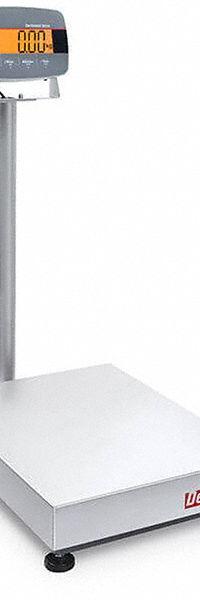OHAUS Industrial Bench Scale: 16 1/2 in x 27 in, Not IP Rated, Column-Mounted, Stainless Steel (MPN D33P150B1L2). Key specifications — Connection Ports: USB; Readability: 0.05 lb/20 g; Brand: OHAUS; Weighing Surface Material: Stainless Steel.