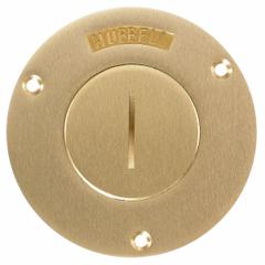 HUBBELL WIRING DEVICE-KELLEMS Floor Box Cover: Round, Gold, Brass, Brushed, 3 7/8 in Dia. x 1/8 in H (MPN S2925). Key specifications — Brand: HUBBELL WIRING DEVICE-KELLEMS; Color: Gold; Cover Shape: Round; Finish: Brushed; Material: Brass.