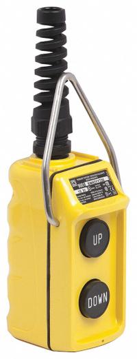 SCHNEIDER ELECTRIC Pendant Control Station: (2) Push Buttons, 1NO/1NC, Up/Down, NEMA 4 (MPN 9001BW92YY236). Key specifications — AC Contact Rating: 0.6 A @ 600 V; Action: Momentary/Momentary; DC Contact Rating: 1.1 A @ 120 V; Enclosure Material: Thermoplastic; Hub Style: Dead-End; Legend: Up/Down; Operator Configuration: (2) Push Buttons; Brand: SCHNEIDER.