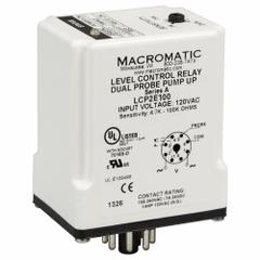MACROMATIC Liquid Level Relay: Socket Mounted, Dual Probe, 10 A Current Rating, 120V AC, Pump Up (MPN LCP2E100-G). Key specifications — Contact Rating (AC): 10 A @ 240V AC; Contact Rating (DC): 7 A @ 28V DC; Electrical Connection: 8-Pin Terminal; Mounting Style: Socket; Number of Probes: Dual Probe; Relay Function: Pump Up; Brand: MACROMATIC.