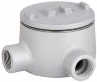 Conduit Outlet Body: Aluminum, GR, 1 1/2 in Trade Size, L Body, 72 cu in Body Capacity (MPN GRL150-A). Key specifications — Series: For Standard Body; Compatible Conduit Trade Size: 1-1/2 in; Thread Gender: Female; Hub Style: Threaded; Cover Included: Yes; Body Style: L; Connection Type: Threaded; Back Type: Round.