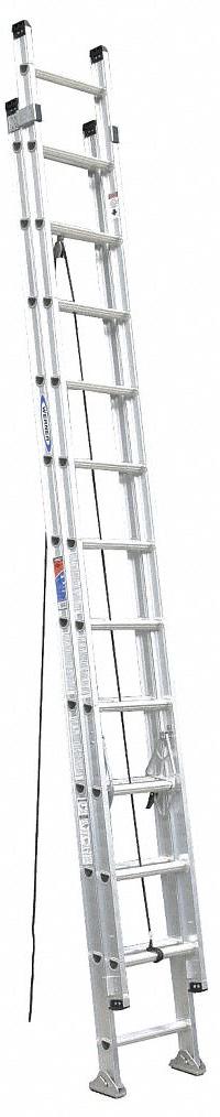 WERNER Extension Ladder: 24 ft Ladder Size, Aluminum, 300 lb Load Capacity, 45 lb Wt, 2 Sections (MPN D1524-2). Key specifications — Color: Silver; Brand: WERNER; Included Features: Rope and Pulley; Removable Fly: Removable.