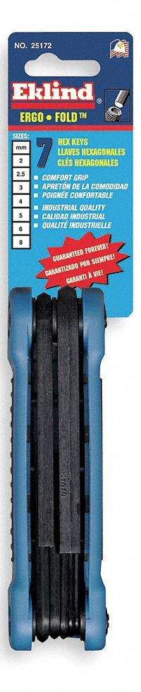 EKLIND Hex Key Set: 1 - 5 Pieces, Fold-Up Hex, Folding, Metric, Std End, Short, 1 Pieces, 7 Tips (MPN 25172). Key specifications — attr1205553: Not Tether Capable; attr1205554: EKLIND; attr1205568: Black Oxide; attr1293176: 1 - 5 Pieces.