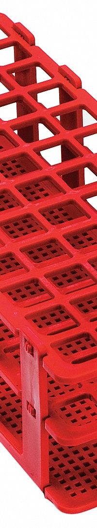 Tube Rack: 4 1/8 in Overall Wd, 2 1/2 in Overall Ht, 9 3/4 in Overall Lg, Polypropylene, Red (MPN F18746-0001). Key specifications — Material: Polypropylene; Mounting Location: Benchtop; Color: Red; Product Type: Test Tube Rack; Total Holding Capacity: (60) Places; Brand: SP SCIENCEWARE.