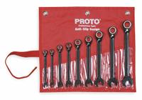 PROTO Combination Wrench Set: Alloy Steel, Black Chrome, 9 Tools, Offset, Reversing, Tool Roll, SAE (MPN JSCV-9S). Key specifications — attr309581: Black Chrome; attr309580: Alloy Steel; attr309571: Yes; attr309583: No; attr309587: Yes; attr324931: PROTO; attr309569: 9/32 in to 3/4 in; attr309572: Tool Roll.