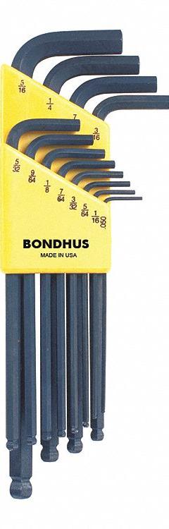 BONDHUS Hex Key Set: 11 - 15 Pieces, L, SAE, Single Ball End, Long, 12 Pieces, Black Oxide, 1 Tips (MPN 10936). Key specifications — attr1205553: Not Tether Capable; attr1205554: BONDHUS; attr1205568: Black Oxide; attr1293176: 11 - 15 Pieces.