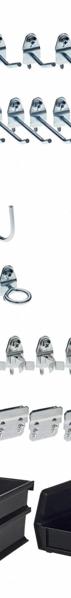 TRITON PRODUCTS Hooks and Hanging Bins: 1/4 in_1/8 in Peg Hole, For 1 in Pegboard Hole Spacing (MPN 76983). Key specifications — Finish: Zinc-Plated; Color: Silver; For Tool Type: Multiple; Includes: (10) 2-1/2 in Single Rod 30° Bends; Locking System: Screw-In; Mounting Type: Surface; Material: Steel; Accessory Type: Hook and Bin Assortment Kit.