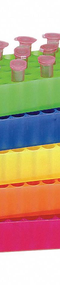 Tube Rack: 2 3/4 in Overall Wd, 1 in Overall Ht, 9 in Overall Lg, Polypropylene, Yellow, (80) Wells (MPN HS29025E). Key specifications — Material: Polypropylene; Mounting Location: Benchtop; Color: Yellow; Product Type: Test Tube Rack; Total Holding Capacity: (80) Wells; Brand: HEATHROW SCIENTIFIC.