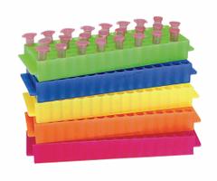 Tube Rack: 2 3/4 in Overall Wd, 1 in Overall Ht, 9 in Overall Lg, Polypropylene, Yellow, (80) Wells (MPN HS29025E). Key specifications — Material: Polypropylene; Mounting Location: Benchtop; Color: Yellow; Product Type: Test Tube Rack; Total Holding Capacity: (80) Wells; Brand: HEATHROW SCIENTIFIC.