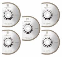FEIN Oscillating Scraper Blade: 3 9/16 in Blade Wd, 3 9/16 in Blade Lg, Diamond Grit, 5 Pieces, 5 PK (MPN 63502217230). Key specifications — attr1097676: FEIN; attr1097658: Diamond Grit; attr1097655: Semi-Circular.