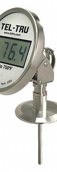 TEL-TRU Digital Thermometer: -75°F to 750°F, +/-2°F at 0-300°F, 2.5 in Stem Lg, NIST Traceable (MPN SD5AB09213P22023-10). Key specifications — Accuracy: +/-2°F at 0-300°F; Brand: TEL-TRU; Lens Material: Polycarbonate.