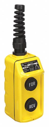 SQUARE D Pendant Control Station: (2) Push Buttons, 2NO, Forward/Reverse, NEMA 4, (2) Push Buttons (MPN 9001BW93Y). Key specifications — AC Contact Rating: 1.5 A @ 240 V; Action: Maintained/Momentary; DC Contact Rating: 1.1 A @ 120 V; Enclosure Material: Thermoplastic; Hub Style: Dead-End; Legend: Forward/Reverse; Operator Configuration: (2) Push Buttons; Brand: SQUARE D.