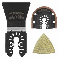 DREMEL Oscillating Tool Blade Set: 3 Blades, Semi-Circular/Straight, Universal Open-Back Connection (MPN MM515U). Key specifications — attr1140173: (1) MM610U Universal Flexible Scraper Blade; attr1097629: DREMEL; attr1097591: DEWALT.