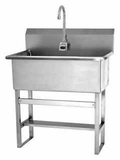SANI-LAV Scrub Sink: 45 1/2 in Overall Ht, 28 in Bowl Lg, 10 1/2 in Bowl Dp, 0.5 gpm Flow Rate (MPN 532FB-0.5). Key specifications — Includes Side Splash: Side Splash Not Included; Power Source: Battery Powered; Brand: SANI-LAV.