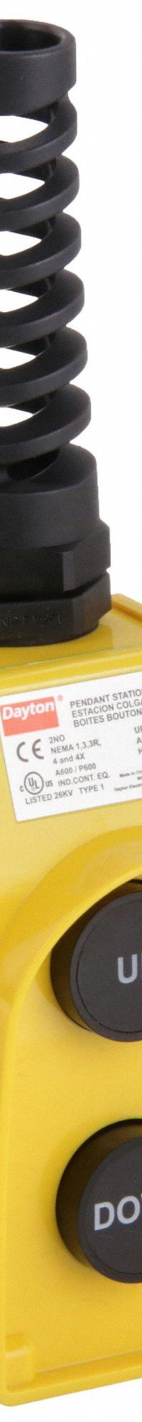 DAYTON Pendant Control Station: (2) Push Buttons, 2NO, Up/Down, NEMA 1/3/3R/4/4X, (2) Push Buttons (MPN 20C812). Key specifications — AC Contact Rating: 10 A @ 600 V; Action: Momentary/Momentary; DC Contact Rating: 5 A @ 600 V; Enclosure Material: Plastic; Legend: Up/Down; Operator Configuration: (2) Push Buttons; Brand: DAYTON; Manufacturer Part Number: 20C812.