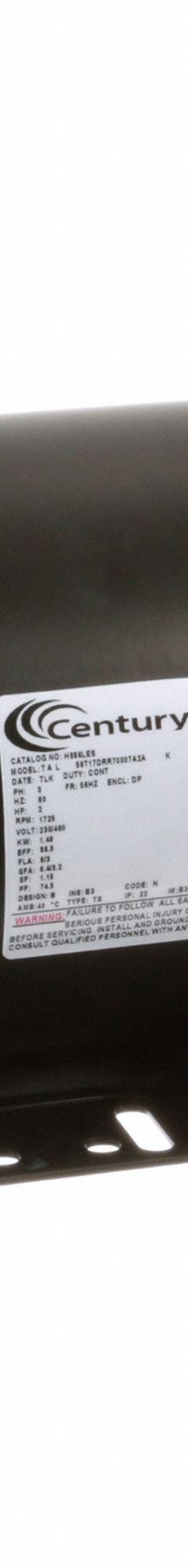 CENTURY General Purpose Motor: Rigid Base Mount, Open Drip Proof, 2 hp, 230/460V AC, 1,725 RPM, Auto (MPN H886LES). Key specifications — Brand: CENTURY; Nameplate Voltage @ 60 Hz: 230/460V AC; Full Load Current @ 60 Hz: 6.0/3.0 A; Nameplate RPM @ 60 Hz: 1,725 RPM; Motor Enclosure: ODP.