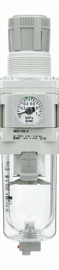 SMC Filter Regulator: AW-D Series, 1/2 in G, 5 micron, 1 MPa Max Op Pressure, Auto Drain (MPN AW40-F04D-D). Key specifications — attr109419: SMC; attr109429: Die-Cast Aluminum; attr109463: Yes; attr109468: AW-D.