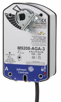 Actuator: Dampers, On/Off, Spring Return, 70 in-lb, 120V AC, Hardwired, NEMA 2 / IP54 (MPN M9208-BAA-3). Key specifications — Manufacturer Part Number: M9208-BAA-3; Shaft Type: Self-Centering Clamping; Shaft Rotation: CW/CCW; Stroke Degree: 90°; Input Voltage: 120V AC; Brand: JOHNSON CONTROLS; For Use With Building Automation Systems: Building Automation System Compatible; Electrical Connection Type: Hardwired.
