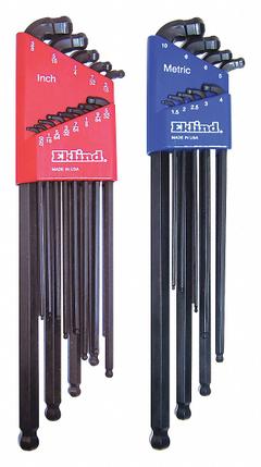 EKLIND Hex Key Set: 16 or More Pieces, Ball-Hex-L Extra Long, L, Metric and SAE, Double Ball End (MPN 17222). Key specifications — attr1205553: Not Tether Capable; attr1205554: EKLIND; attr1205568: Black Oxide; attr1293176: 16 or More Pieces.