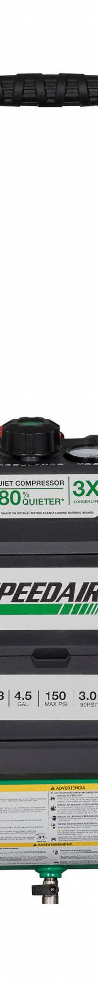 SPEEDAIRE Air Compressor: Quiet, Oil Free, 4.5 gal, Twin Stack, 1.3 hp, 3 cfm @ 90 psi, 120 VAC (MPN 787U78). Key specifications — attr48686: Oil Free; attr48685: 120 VAC; attr48689: 2.1 cfm; attr48678: 8.5 A; attr48671: SPEEDAIRE; attr124308: Quiet (less than 75 dBA).