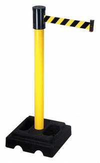 RETRACTA-BELT Barrier Post with Belt: Black/Yellow, Diagonal Stripe, No Legend, 15 ft Belt Lg (MPN 322YA-BYD). Key specifications — Base Material: Rubber; Belt Color: Black/Yellow; Brand: RETRACTA-BELT; Post Material: Aluminum; Post Color: Yellow; Message: No Legend.