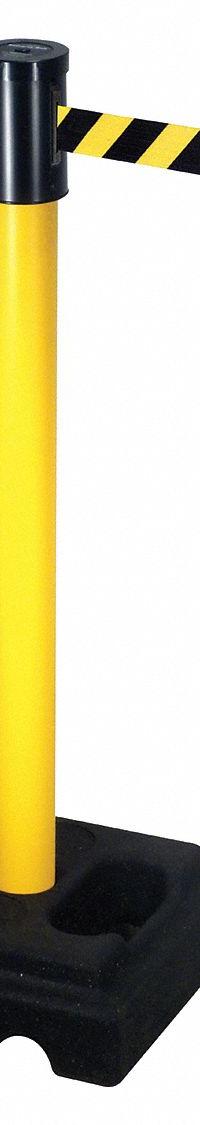 RETRACTA-BELT Barrier Post with Belt: Black/Yellow, Diagonal Stripe, No Legend, 15 ft Belt Lg (MPN 322YA-BYD). Key specifications — Base Material: Rubber; Belt Color: Black/Yellow; Brand: RETRACTA-BELT; Post Material: Aluminum; Post Color: Yellow; Message: No Legend.
