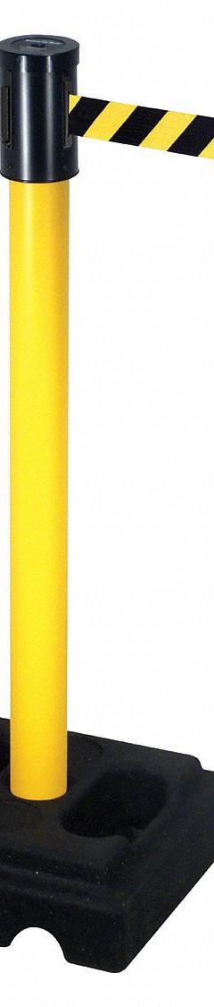 RETRACTA-BELT Barrier Post with Belt: Black/Yellow, Diagonal Stripe, No Legend, 15 ft Belt Lg (MPN 322YA-BYD). Key specifications — Base Material: Rubber; Belt Color: Black/Yellow; Brand: RETRACTA-BELT; Post Material: Aluminum; Post Color: Yellow; Message: No Legend.