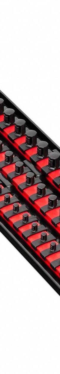 ERNST MANUFACTURING Twist-Lock Socket Organizer Tray: Red, 5 5/16 in Overall Wd, 57 Posts/Slots (MPN 8450). Key specifications — attr1125333: I.D. Stickers; attr1125348: Plastic; attr1125346: ERNST MANUFACTURING; attr1125347: Red; attr1136588: Sockets; attr1125364: Socket Rail.