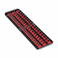 ERNST MANUFACTURING Twist-Lock Socket Organizer Tray: Red, 5 5/16 in Overall Wd, 57 Posts/Slots (MPN 8450). Key specifications — attr1125333: I.D. Stickers; attr1125348: Plastic; attr1125346: ERNST MANUFACTURING; attr1125347: Red; attr1136588: Sockets; attr1125364: Socket Rail.