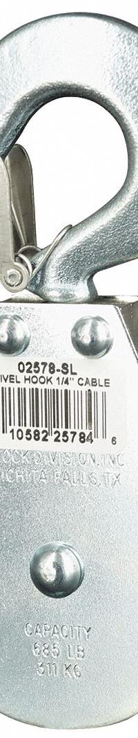 APPROVED VENDOR Pulley Block: Swivel, Upright Mount, Pulling, 685 lb Working Load Limit, Wire Rope (MPN 4JX75). Key specifications — attr994542: Pulley Block; attr994528: APPROVED VENDOR; attr994530: Wire Rope; attr994543: Swivel; attr994552: Swivel Hook; attr994538: Pulling; attr994527: Sleeve; attr994534: Zinc.