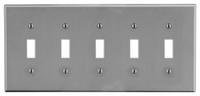 HUBBELL Wall Plate: Toggle, 5 Gang, Gray, Std Size (MPN P5GY). Key specifications — Brand: HUBBELL; Material: Polycarbonate.