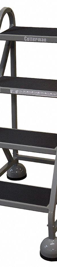 COTTERMAN Rolling Ladder: 3 ft Platform Ht, Assembled, Steel, Wt-Actuated Auto-Lock, Ribbed (MPN ST-420 A2 C1 P5). Key specifications — Includes Handrails: Handrails Not Included; Material: Steel; Brand: COTTERMAN; Color: Gray.