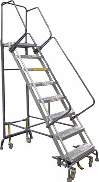 BALLYMORE Rolling Ladder: 6.7 ft Platform Ht, Unassembled, Aluminum, Foot-Activated Step Lock (MPN HY-LA-082414P). Key specifications — Folding: Not Foldable; Color: Gray; Brand: BALLYMORE; Handrail Configuration: Double Handrails.