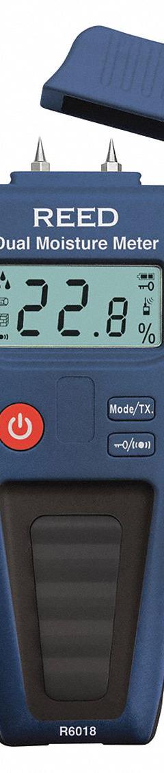 REED INSTRUMENTS Moisture Meter: Digital, LCD, Pin/Pinless, Extended Pin, Extended Probe (MPN R6018). Key specifications — attr999354: Digital; attr1009284: Extended Pin; attr1009272: Auto Calibration; attr999347: Wood; attr999350: LCD; attr999383: ±3% + 5 Digits (Pin Type Mode); attr999345: REED INSTRUMENTS.