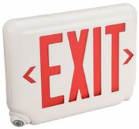 Exit Sign with Emergency Lights: White, 1 or 2 Faces, Red, LED, Ceiling/Wall, Lithium Iron Phosphate (MPN EVCURWD). Key specifications — Voltage: 120/277V AC; Self Diagnostics: No; Housing Color: White; Brand: DUAL-LITE; Directional Indicators: Universal Field Selectable Chevrons; Lighting Technology: LED; Remote Capable: No; Text Color: Red.