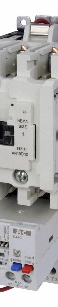 EATON NEMA Magnetic Motor Starter: Non-Reversing, 3 Poles, NEMA Size 1, 27 A, 120V AC Coil (MPN AN19DN0A5E005). Key specifications — Brand: EATON; Auxiliary Contact Form: 1NO; Coil Voltage: 110/120V AC; Phase: Three; Operator: None; Operator Controls: None; Auxiliary Contacts Included: 1NO; Signaling Features: Pilot Light.