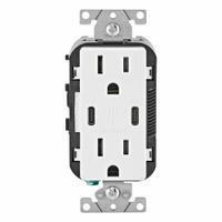 USB Receptacle: Decorator Duplex, 5-15R, USB Type C, White, 125V AC, 15 A (MPN T5637-W). Key specifications — Brand: LEVITON.