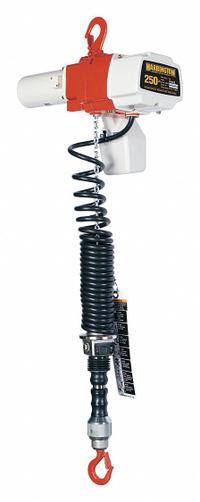 HARRINGTON Electric Chain Hoist: H2 - Light Duty, 120V AC, Hook Mounted - No Trolley, 2 Speeds (MPN ED250DA-6). Key specifications — Brand: HARRINGTON; Includes: Safety Latch Hook; Operating Voltage: 120V AC; Headroom Clearance: 37 in.