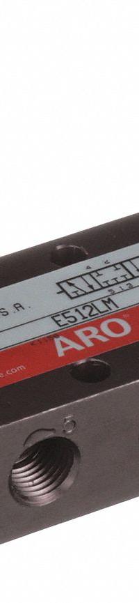 ARO Manual Air Control Valve: E, Four-Way / Three-Position, Lever, Black, 26 scfm Flow Rate - Max (MPN E512LM). Key specifications — attr1086881: Closed; attr1092903: Black; attr1086905: Manual Return; attr1086907: E; attr1086914: Normally Closed; attr1086904: Manual Air Control Valve; attr1086871: E512LM.