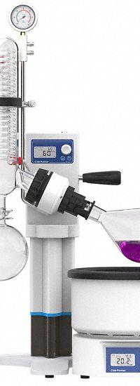 COLE-PARMER Rotary Evaporator: Motor, 2 L, 20 RPM to 300 RPM, Vertical Condenser, Vacuum Controller (MPN 5241194). Key specifications — Brand: COLE-PARMER; Height Adjustment Method: Motor; Included Glassware Series and Type: Vertical Condenser; Vacuum Controller: Yes; Features: Set and View Rotation Speed, Temperature and Timer on Two Large LCDs.