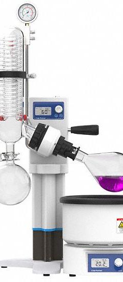 COLE-PARMER Rotary Evaporator: Motor, 2 L, 20 RPM to 300 RPM, Vertical Condenser, Vacuum Controller (MPN 5241194). Key specifications — Brand: COLE-PARMER; Height Adjustment Method: Motor; Included Glassware Series and Type: Vertical Condenser; Vacuum Controller: Yes; Features: Set and View Rotation Speed, Temperature and Timer on Two Large LCDs.