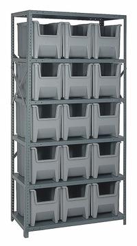 QUANTUM STORAGE SYSTEMS Bin Shelving: 36 in x 18 in x 75 in, 1 Sided, 15 Bins, Open, Gray, 6 Shelves (MPN QSBU-600GY). Key specifications — Includes Bins: Yes; Bin Material: Polypropylene; Frame Color: Gray; Bin HxWxD: (15) 12-1/4 in x 8 in x 15-5/8 in; Frame Material: Steel; Bin Color: Gray; Bin Style: Hang and Stack; Brand: QUANTUM STORAGE SYSTEMS.