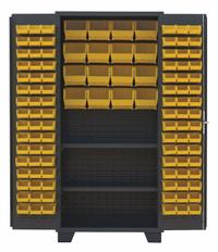 JAMCO Bin Cabinet: 36 in x 24 in 78 in, 2 Shelves, 112 Bins, Yellow, Flush, 14 ga Panel, Black (MPN DT236BL). Key specifications — Bin Color: Yellow; Bin HxWxD: (96) 3 in x 4-1/8 in x 7-1/2 in; Assembled: Assembled; Cabinet Style: Shelf and Bin; Brand: JAMCO; Cabinet Color: Black; Cabinet Finish: Powder Coated; Cabinet Material: Steel.