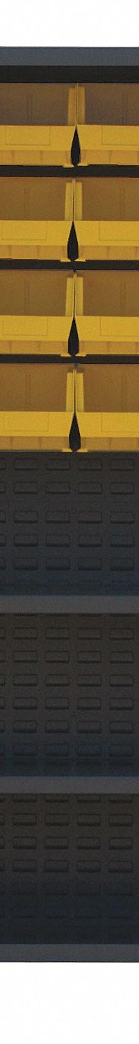 JAMCO Bin Cabinet: 36 in x 24 in 78 in, 2 Shelves, 112 Bins, Yellow, Flush, 14 ga Panel, Black (MPN DT236BL). Key specifications — Bin Color: Yellow; Bin HxWxD: (96) 3 in x 4-1/8 in x 7-1/2 in; Assembled: Assembled; Cabinet Style: Shelf and Bin; Brand: JAMCO; Cabinet Color: Black; Cabinet Finish: Powder Coated; Cabinet Material: Steel.