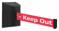 TENSABARRIER Wall Mounted Retractable Belt Barrier: Fixed Mounting Plate, 24 ft Belt Lg, Red (MPN 897-24-S-33-NO-RHX-C). Key specifications — Message Color: White; Frame Color: Black; Brand: TENSABARRIER; Belt Color: Red.