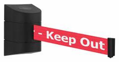 TENSABARRIER Wall Mounted Retractable Belt Barrier: Fixed Mounting Plate, 24 ft Belt Lg, Red (MPN 897-24-S-33-NO-RHX-C). Key specifications — Message Color: White; Frame Color: Black; Brand: TENSABARRIER; Belt Color: Red.