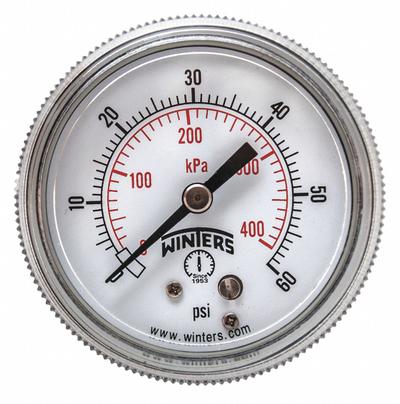 WINTERS Panel-Mount Pressure Gauge: U-Clamp, 0 psi to 60 psi, 2 in Dial, 1/8 in NPT Male - U-Clamp Panel-Mount with Brass/Bronze Wetted Parts