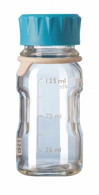 DURAN Media Bottle: 125 mL, Screw-On, GL45, 124 mm, Colorless, Closure Included, Wide Mouth Size (MPN 218812854). Key specifications — Closure Type: Screw-On; Mouth Size: Wide; Screw Closure Size: GL45; Brand: DURAN; Body Color: Colorless.