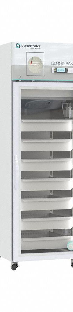 COREPOINT SCIENTIFIC Blood Bank Refrigerator: 23 cu ft, Upright, 1°C to 10°C, 35 3/4 in Overall Dp (MPN NSBR231WSGCR-0). Key specifications — Door Opening Style: Right; Color: White; Alarm Type: Door Ajar; Manufacturer Part Number: NSBR231WSGCR-0; Brand: COREPOINT SCIENTIFIC; Product Type: Blood Bank Refrigerator; Door Type: Swing Glass; Refrigerant Type: R-600a.